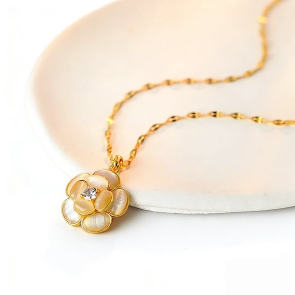 Gold-Plated Titanium Steel Camellia Flower Pendant Necklace | Gold Plated Zirconia Fashion Jewelry