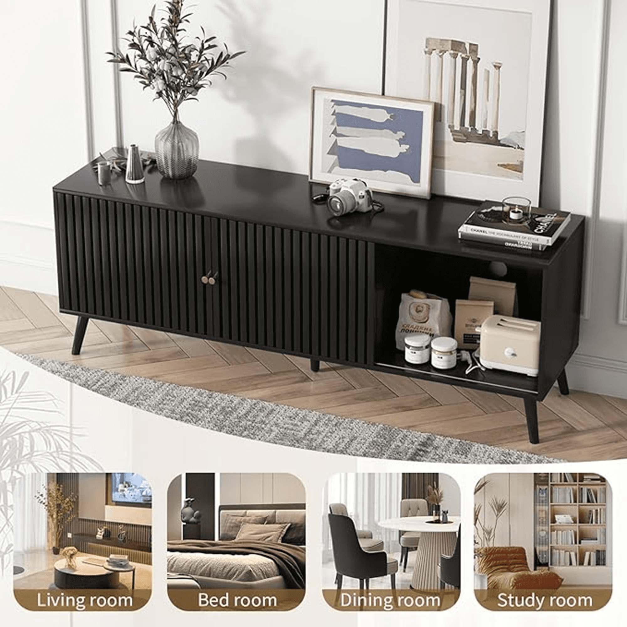 Mid-Century Modern TV Stand for TVs up to 70”, Sliding Door Wood Entertainment Center with Storage