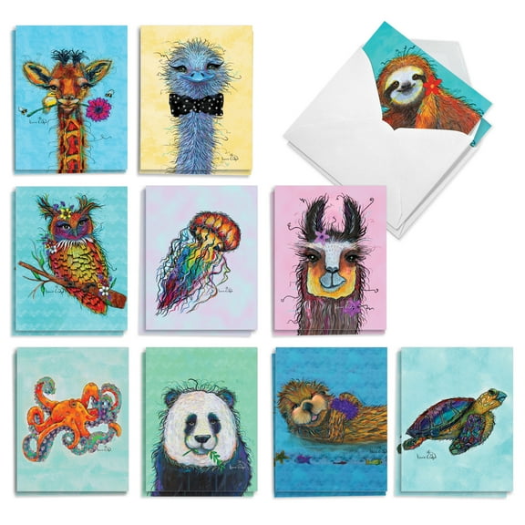 The Best Card Company 20 Assorted Thank You Note Cards Boxed Set 4 x 5.12 Inch with Envelopes (10 Designs, 2 Each) Wiry Wildlife AM10324TYG-B2x10