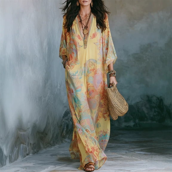 Morttic Women's Boho Floral Print Batwing Sleeve Ethnic Retro V-Neck Embroidered Trim Casual Vacation Maxi Dress Yellow,S