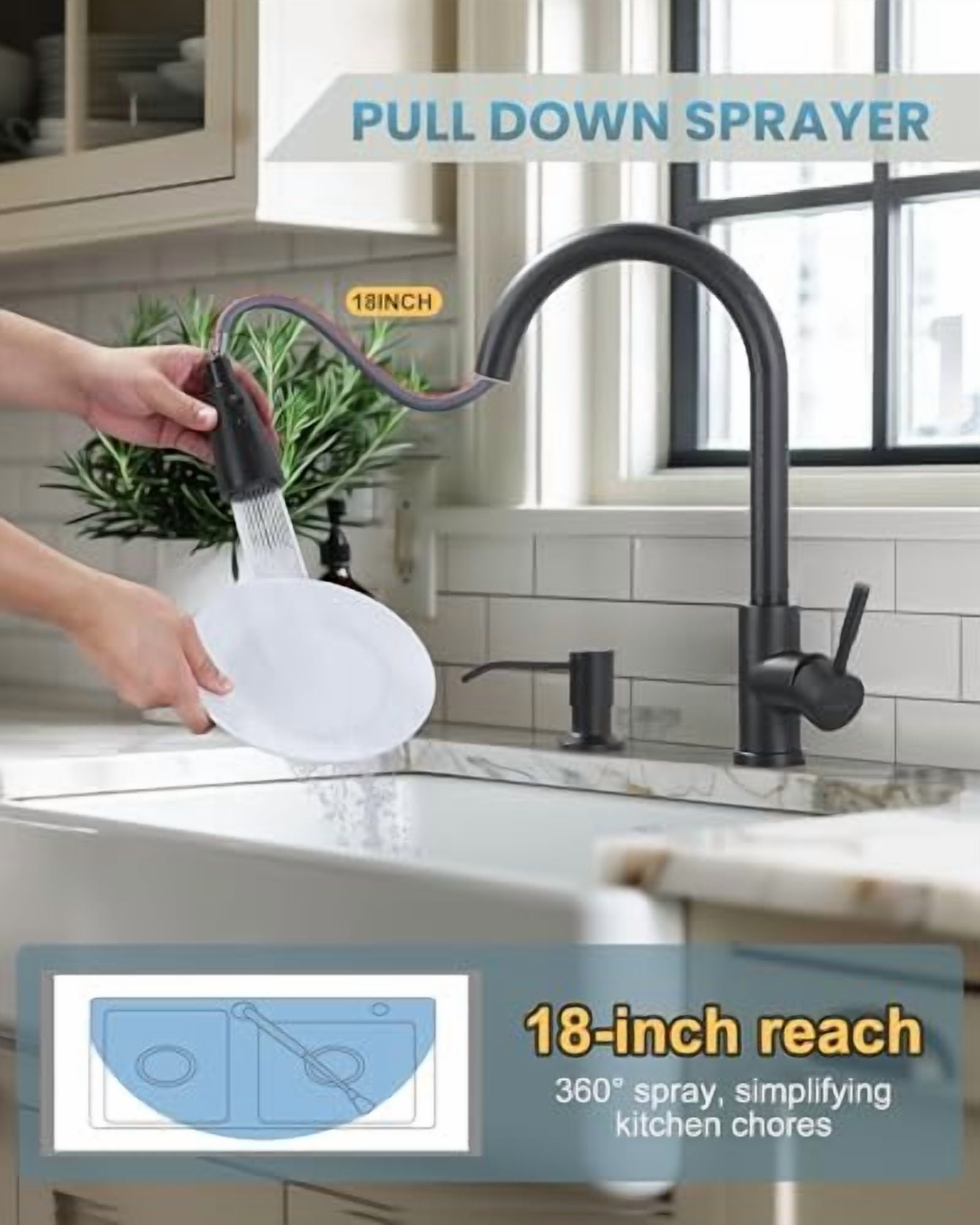 Black Kitchen Faucet with Soap Dispenser, Stainless Steel Kitchen Sink Faucet, Matte Black Kitchen Faucet Single Handle High Arc Utility Sink Faucet for Sink, RV, Laundry, Bar