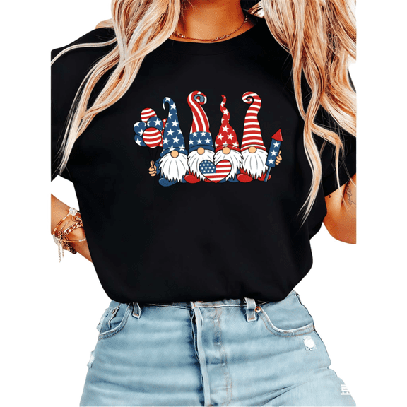 UNISHE Women's 4th of July Patriotic Gnome Balloon Firework Graphic Short Sleeve T-Shirt Casual Cotton Crewneck Top Black S-5XL