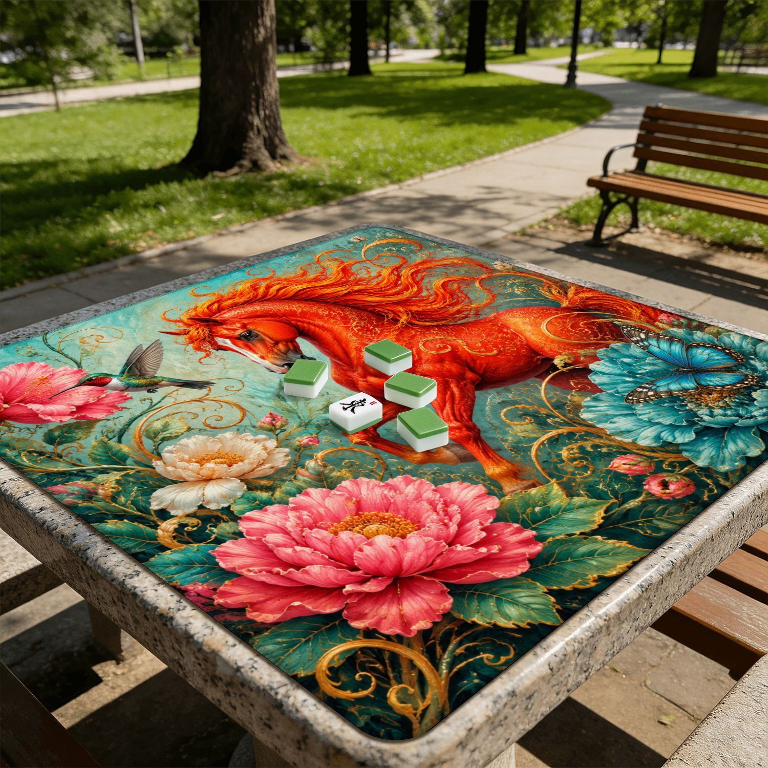 Mahjong Mat 31.5" x 31.5" Fiery Red Horse Flowing Mane Surrounded by Blue Floral Elements Bird Non-Slip Noise Reduction American Mahjong Tiles Table Cover for Dominoes Poker Card Board Games Gift