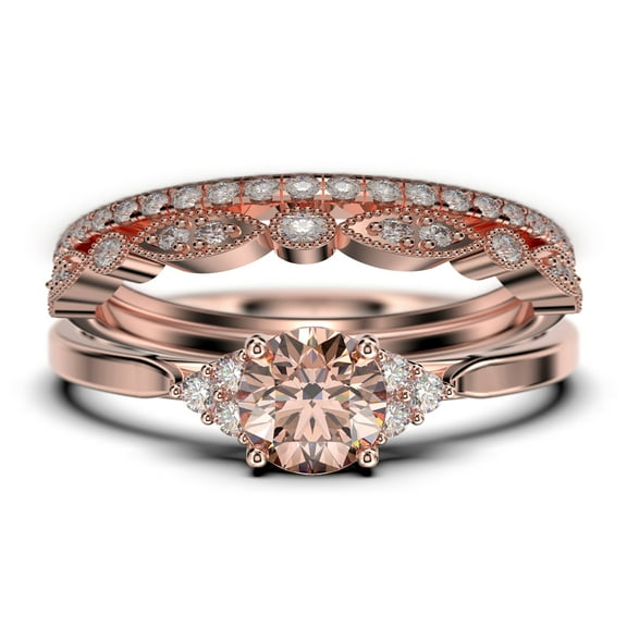 Dazzling Minimalist 2.25 Carat Round Cut, Affordable Morganite And Diamond Moissanite Engagement Ring, Wedding Ring, Two Matching Band in 10k Solid Rose Gold, Gift For Her, Promise Ring