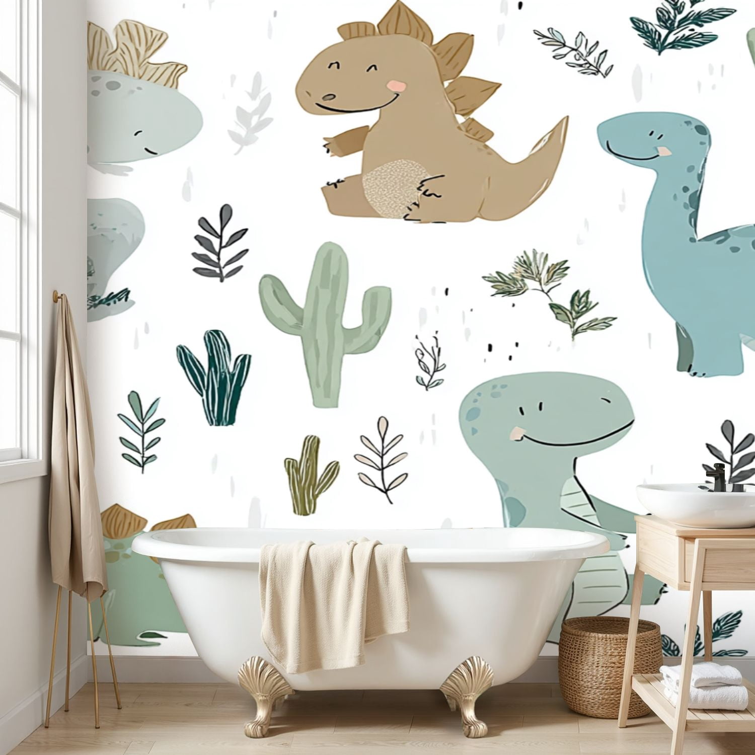 Wall Mural Peel and Stick Dinosaur baby boy seamless Sweet dino palm cactus Self-Adhesive Wallpaper Removable Wall Decal Wall Sticker Home Decor for Living Room Bedroom 69"x96"