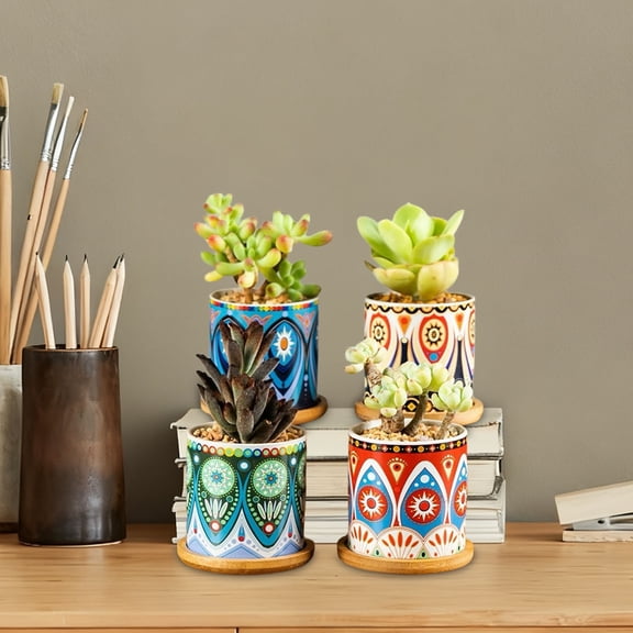 4 Sets Boho Plant Pots Succulent Pot Modern Sun Ceramic Flower Planter Pot with Bamboo Tray for Indoor Plants, Aloe, Cactus, Home Office Decor(A)
