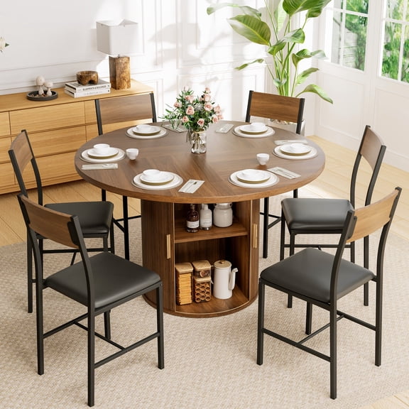 PamapicLife 6 Person 47" Round Table Dining Set With Chairs, Storage Shelf