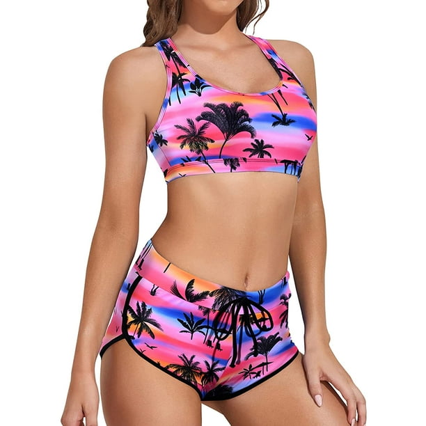  Womens Strappy Racerback Striped Color Block Printed Padded  Tankini Tops Padded Swimsuits Sporty Bathing Suits Rose Swimwear M 8 10