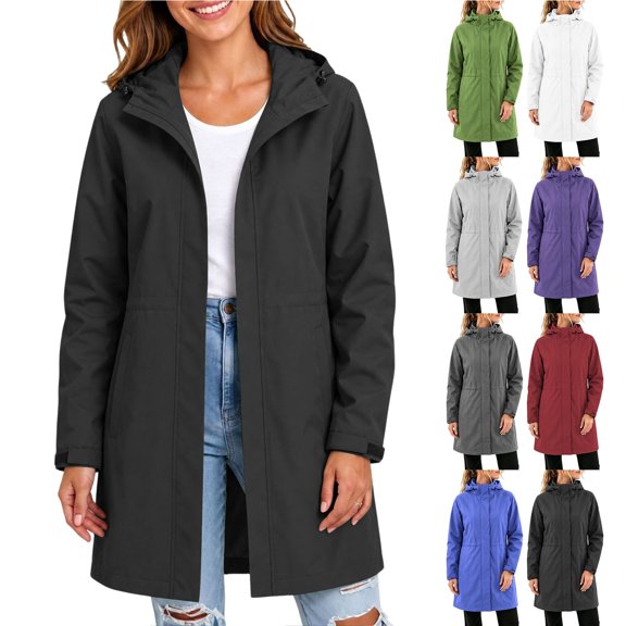 Smsaxvxz Womens Rain Jackets Fall Fashion Solid Zip Up Waterproof Windbreaker Coat Casual Mid Tops with Pockets Black XL