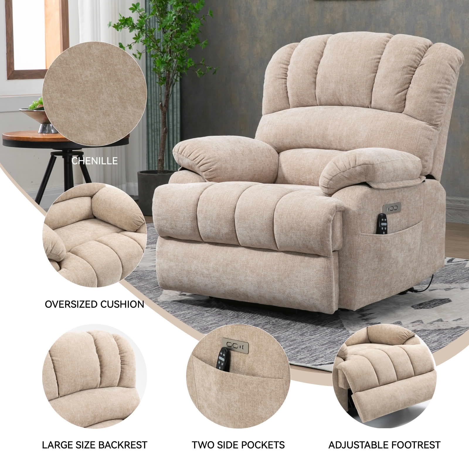 MAYEERTY Beige Chenille Power Lift Recliner, 350lbs 23" Seat 8-Point Massage Heat 39"x41"x42" for Elderly