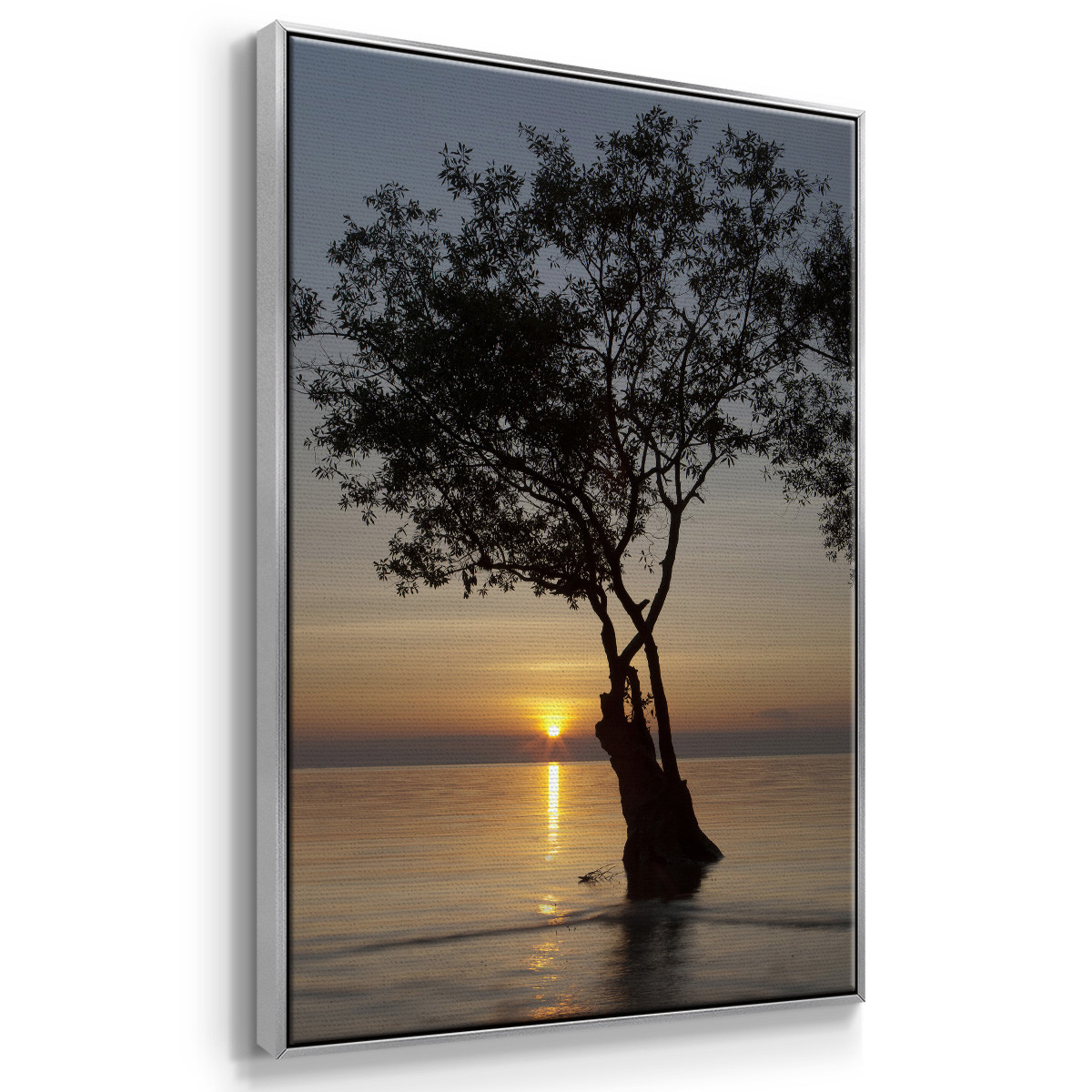 Sunset Silhouette Framed Premium Gallery Wrapped Canvas - Ready to Hang - 27 x 41 - Silver Floating Frame