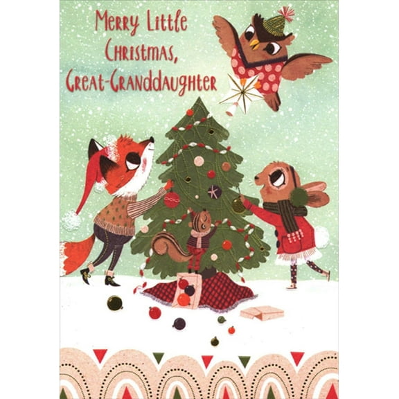 Designer Greetings Owl, Fox, Squirrel and Rabbit Decorating Tree Juvenile Great-Granddaughter Christmas Card for Young Child
