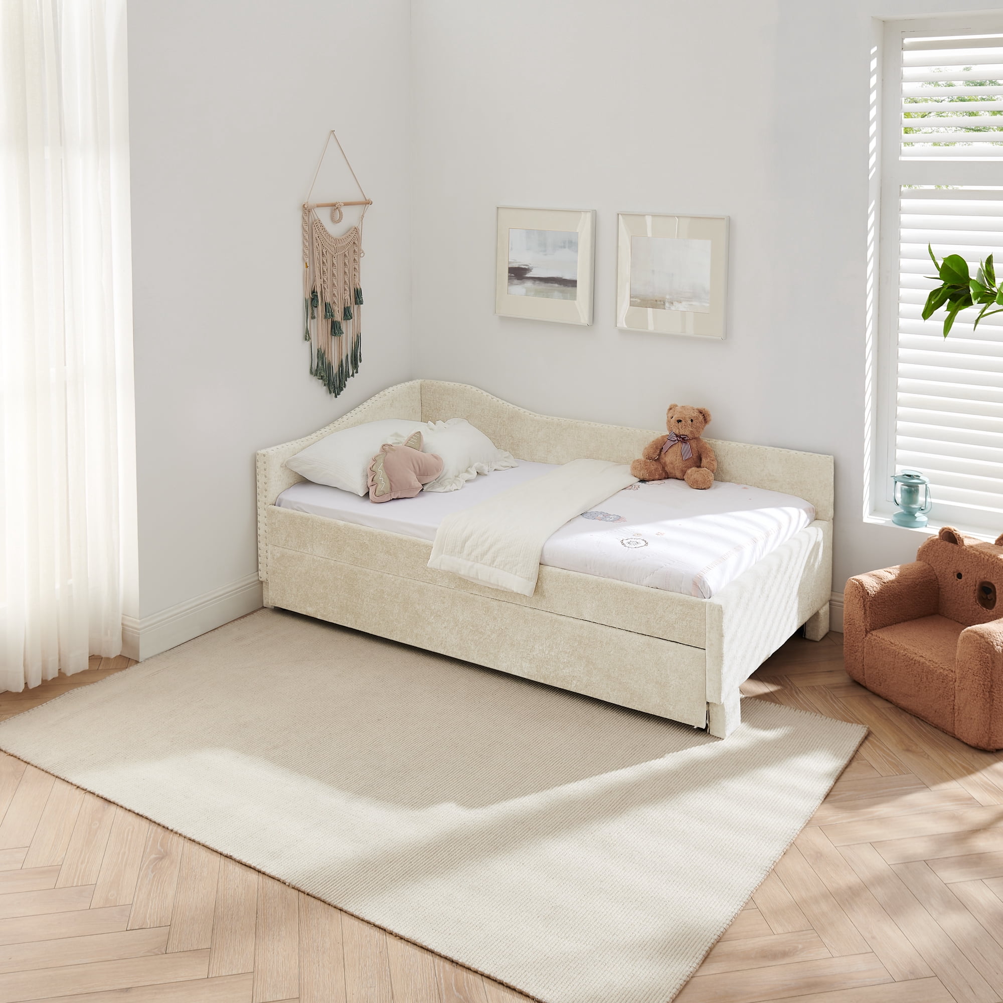 Twin Size Daybed,Chenille Upholstered Daybed with Pull-Out Trundle & Built-In USB Charging Port,2-in-1 Space Saving Sofa Bed for Guest Room,Small Space,Beige