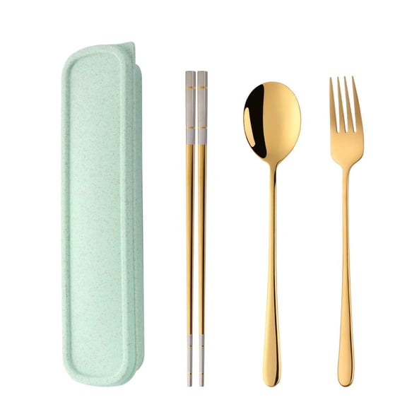 Portable Travel Flatware 3PCS Spoon Fork Chopsticks Set 18/10 Stainless Steel with Case and Bag for School Work Office lunch (Gold)