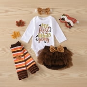 4Pcs Newborn Baby Girl My First Thanksgiving Outfit Letter Print Romper+Shorts+Leg Warmers+Headband Outfits Set