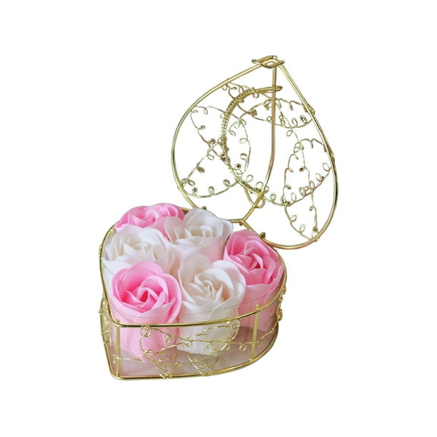 Decoraciones para San Valentín, adornos para San Valentín, regalos para San Valentín, cesta de hierro con rosas y flores de jabón, decoración para el ambiente de San Valentín, regalo, 6 adornos de flo