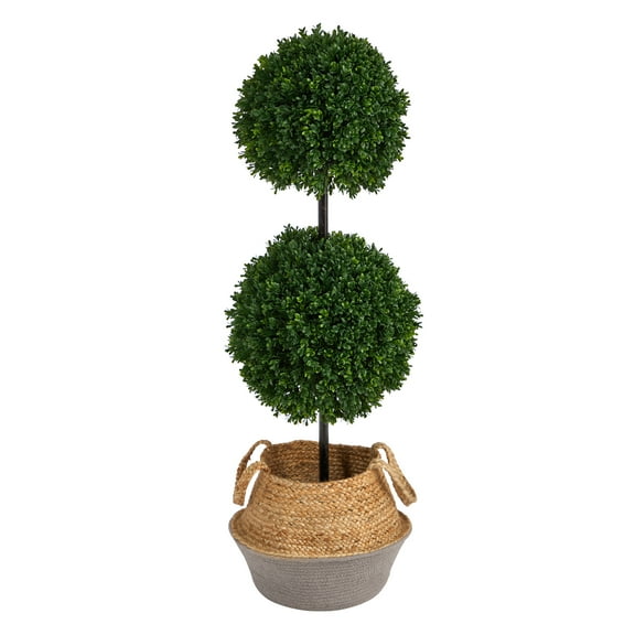 Nearly Natural 3.5' Boxwood Double Ball Topiary Artificial Tree in Woven Planter