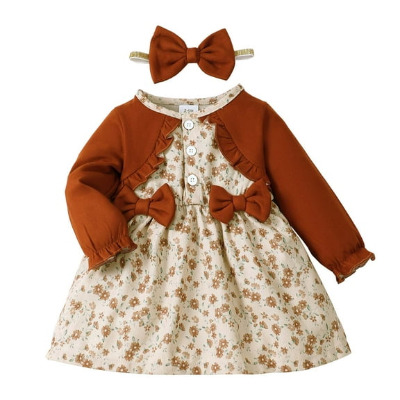 Kucnuzki Newborn Baby Girls Dress 6-12 Months Winter Clothing Long Sleeves Floral Dresses Bowknots Fake 2pcs Flowers Print A-line One-piece Overalls with Headband Cute Girl Clothes Gift 2pcs Brown
