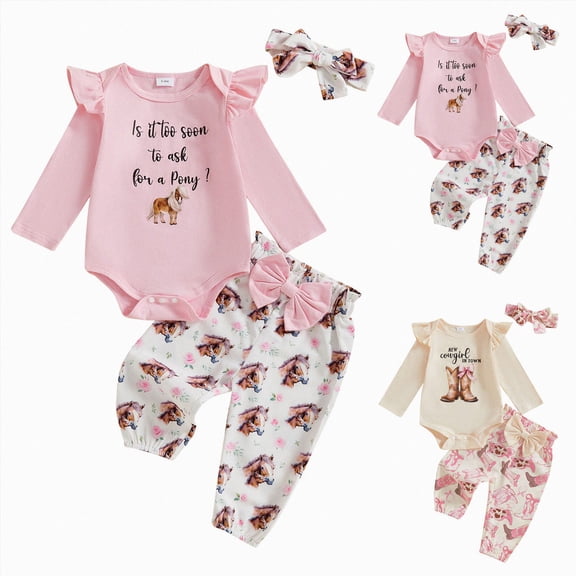mgoYE Western Newborn Baby Girl Cowgirl Outfit 0-18M Romper Pant Fall Set New Cowgirl in Town Letter Print 3 6 9 12M Clothes, Bow Headband 3Piece Set(Pink,3-6 Months)