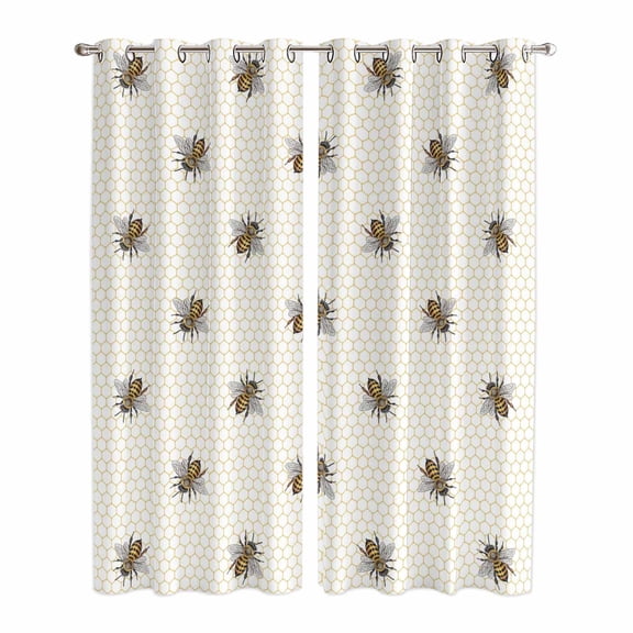 Kitchen Curtains 84 Inch Length 2 Panels, Yellow Bees Grommets Window Treatment Curtain, Honeybee Geometric Hive Simple Pastoral Thermal Curtains Drapes for Living Room/Bathroom