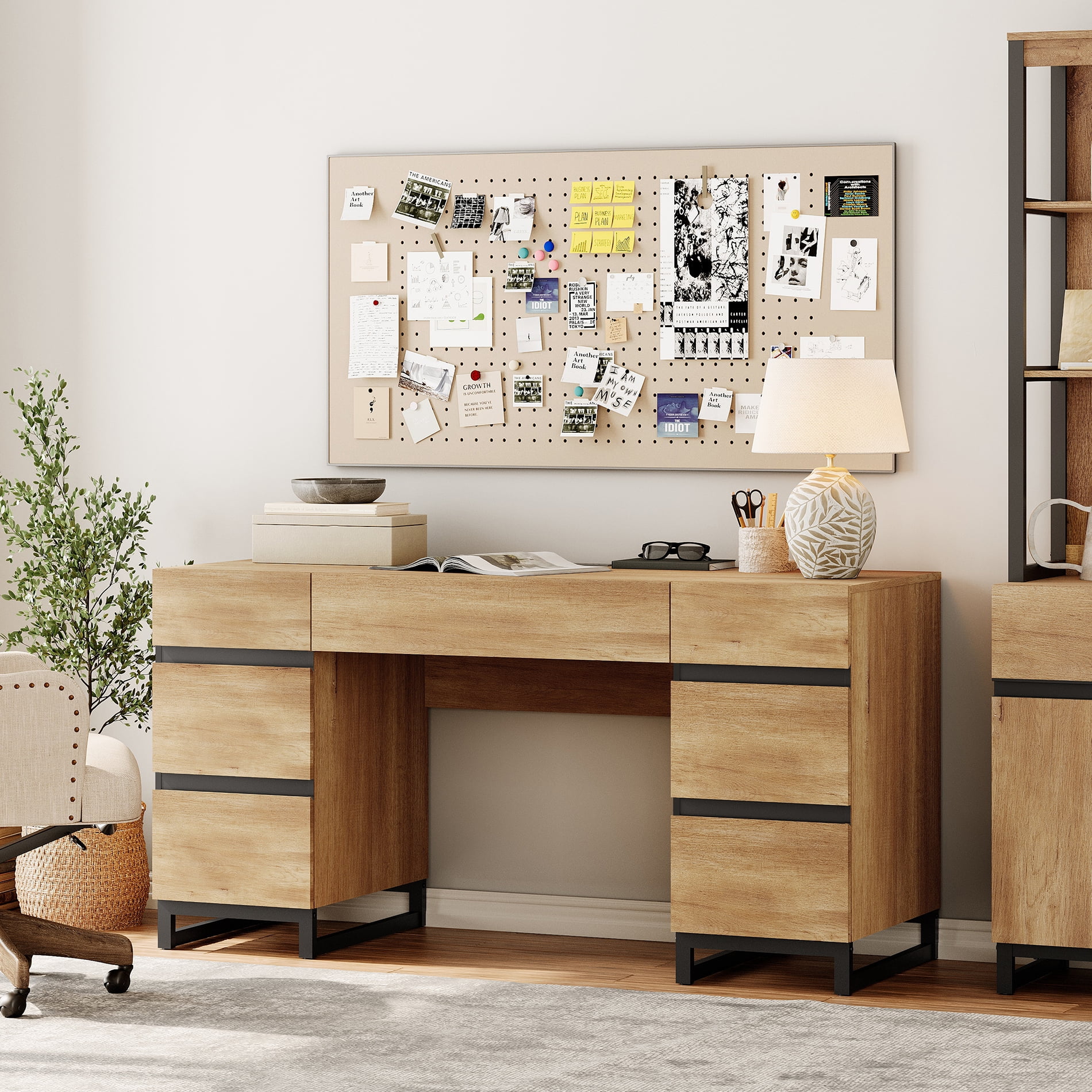 WAMPAT Home Office Furniture Set: 59in Modern Executive Desk with Charging Station & Drawers and Two 72in Tall Bookcases with Storage Cabinet, Home Office Furniture for Living Room, Oak