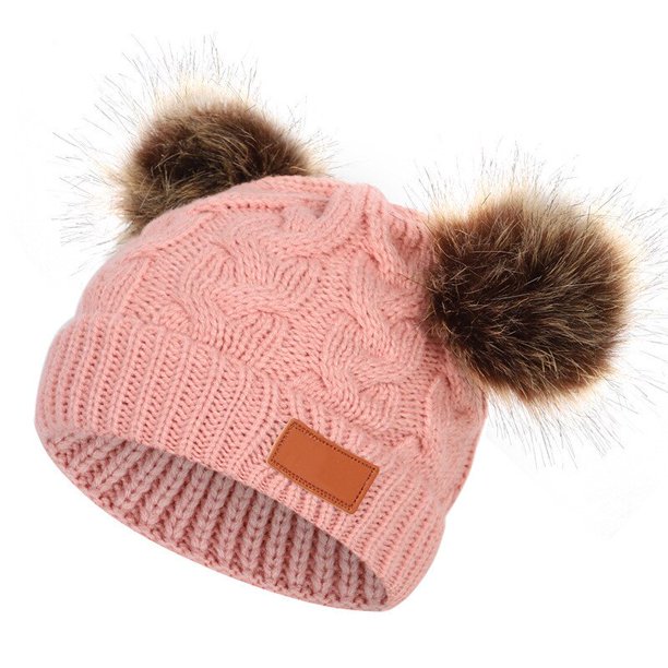 Crochet Baby Hat Autumn Winter Warm Kids Girl Boy Beanie Cap Solid Color Knitted Twist Double Pompom Children Toddler Bonnet HatDark PinkChina He Qiyong unisex