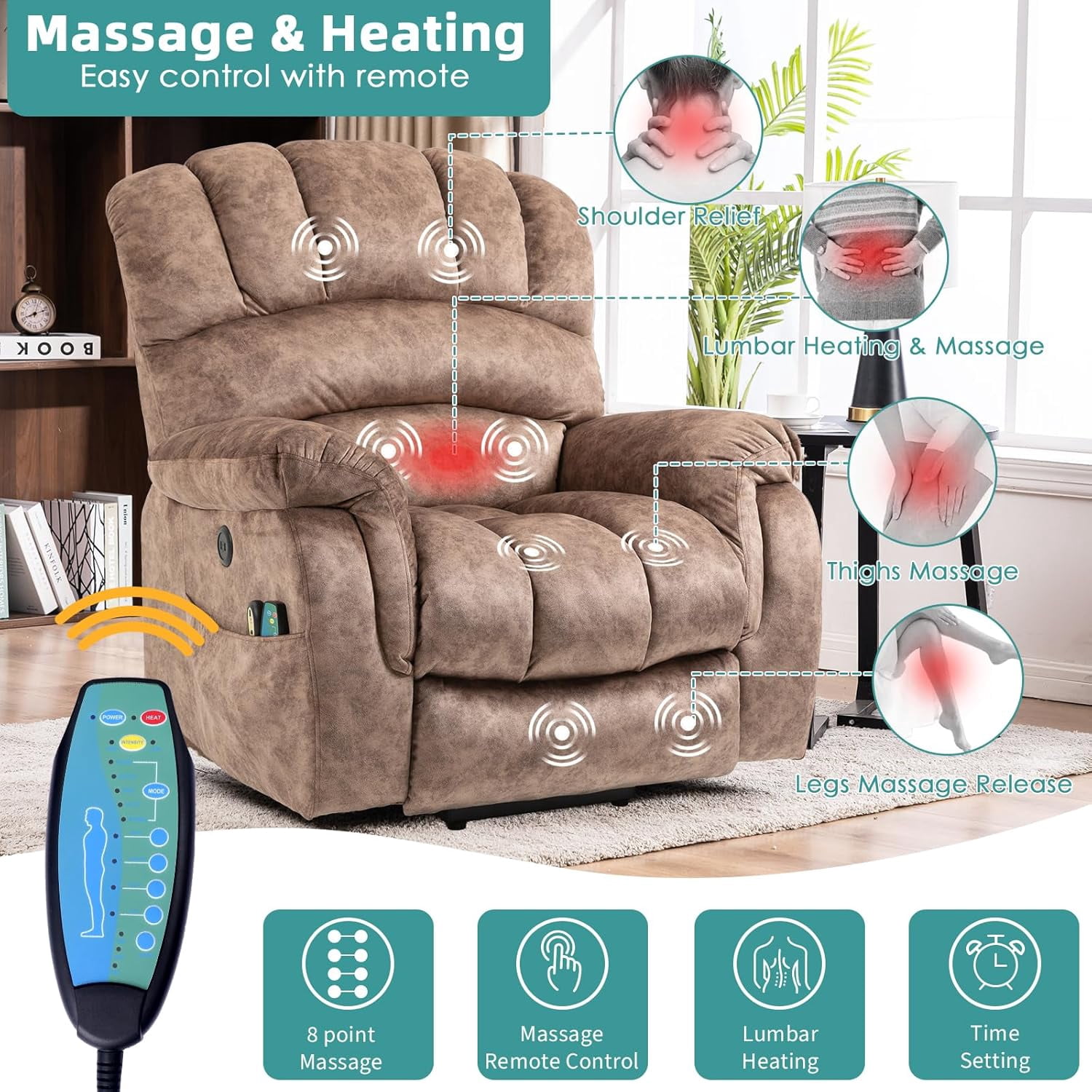 MEETWARM Power Lift Recliner for Seniors, Massage & Heated, USB Ports, Plush-Brown