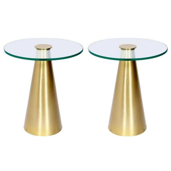 Home Square Glass Top End Table with Brushed Gold Iron Base - Set of 2