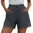 thumbnail image 2 of Cotton Shorts for Women Casual Summer Hollow out Hem Solid Color Breathable Lightweight Elastic Waist with Drawstring Shorts Loungeweawr Goling out Holiday Shorts with Pockets, 2 of 9