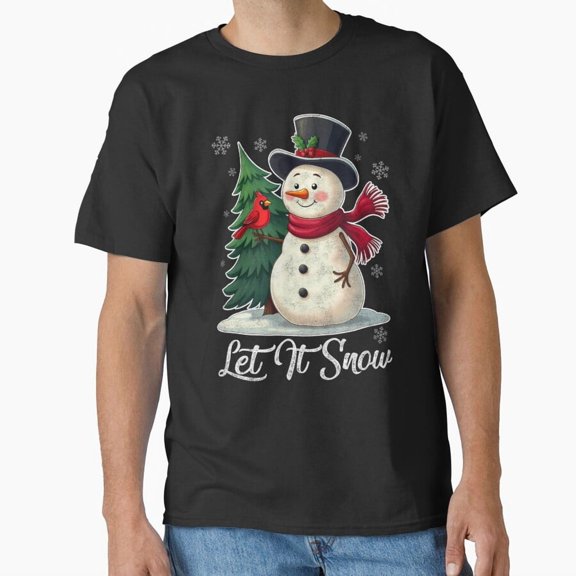Let It Snow Snowman With Cardinal Christmas Holiday Winter Scene Unisex T-Shirt, for men & women, up to size 5XL