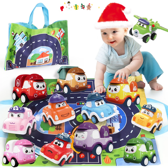 BTEPSGA 12Pcs Pull-Back Trucks with Play Mat & Storage Bag for Toddlers Age 1-3, Mini Car Toys for 1 Year Old Boy,Baby Toys 12-18 Months, Infant Toy Birthday Present for Boy Girl Age 2