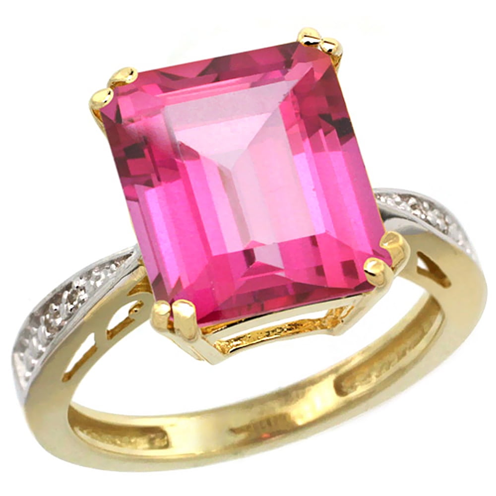10K Yellow Gold Diamond Natural Pink Topaz Ring Emerald-cut 12x10mm, sizes 5-10 by WorldJewels