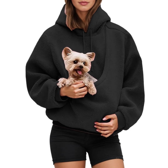 Women's Oversized Fuzzy Pet Carrier Hoodie, Soft Sherpa Dog Cat Pocket Hooded Sweatshirt for Pet Owners Daily Autumn Winter Loungewear Outfits(Black/XXXL)