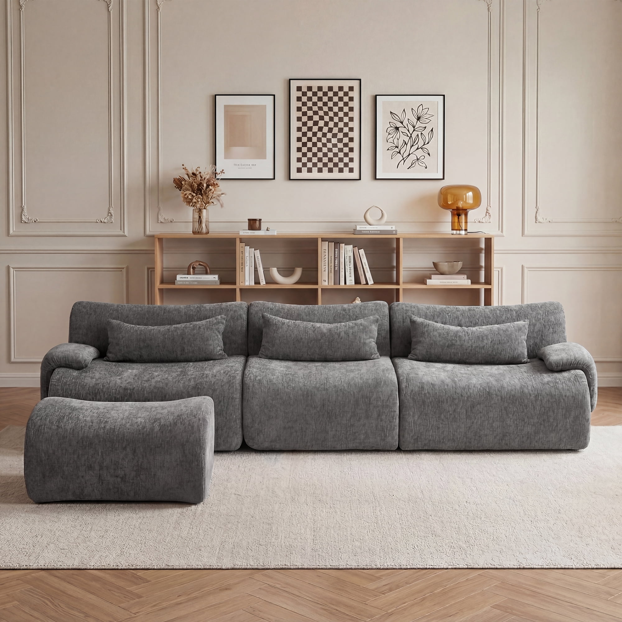 117" No Assembly Modular Boneless Sofa, L-Shaped Deep Seat Cloud Couch with Reversible Ottoman