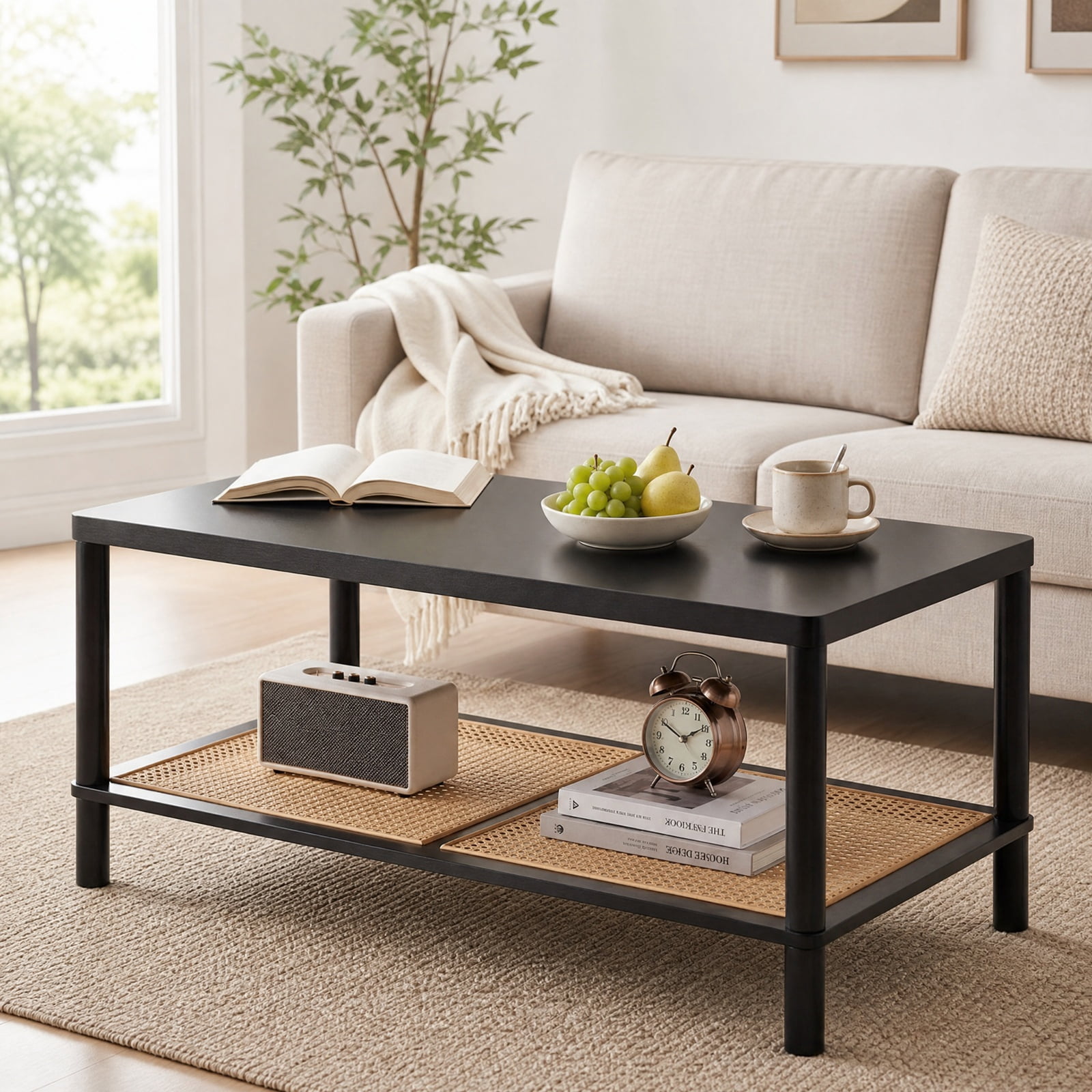 Furnibear 2 Tier Boho Rectangular Coffee Table with Rubber Wood Frame and Faux Rattan Open Storage Shelf for Living Room Home Office, Black
