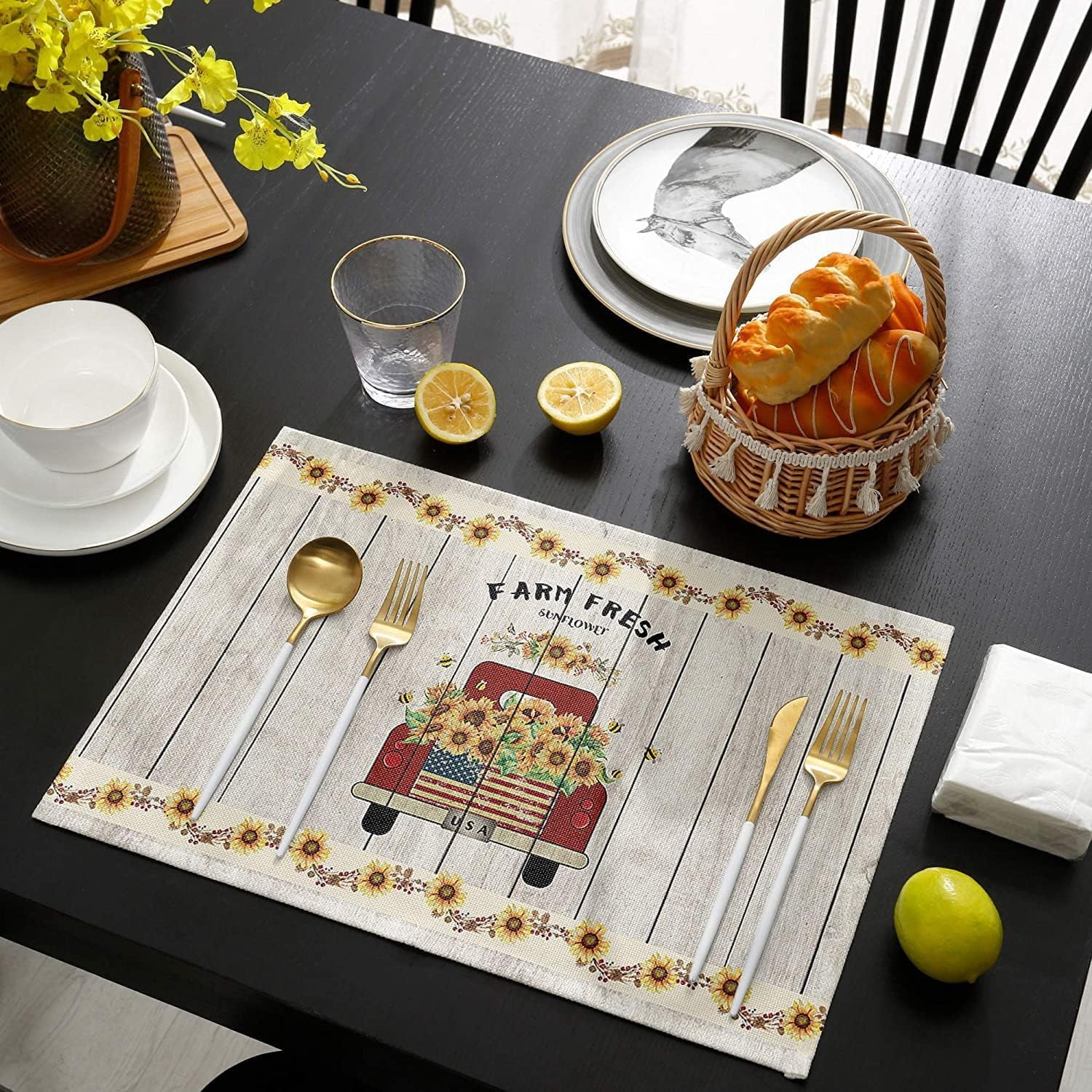 Sunflower on Car Rustic Placemats Washable Place Mats Table Mats Farmhouse Set of 6 Cotton Linen Indoor Placemat for Kitchen Living Room Wooden Board 12 x 18 Inches