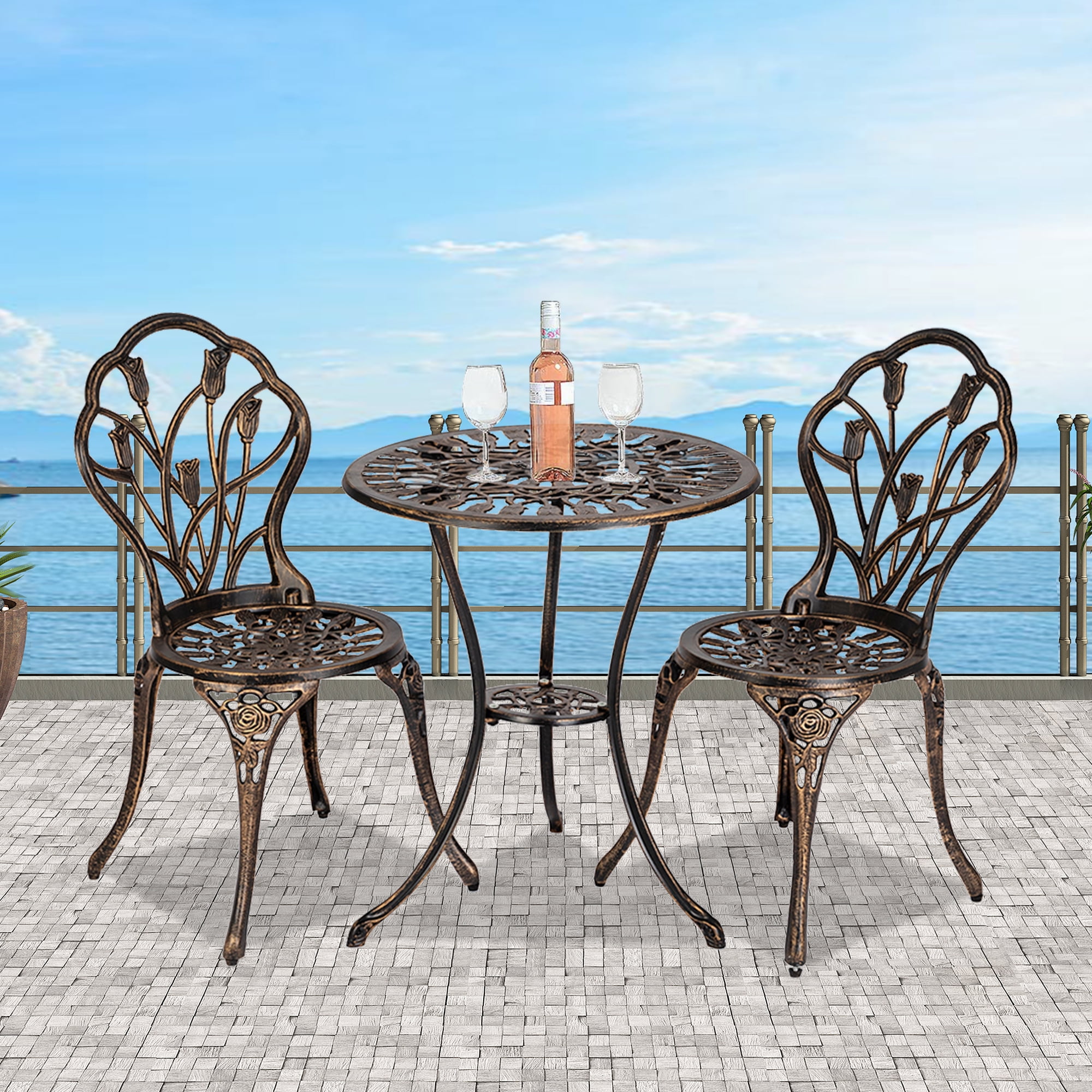 small round garden table and 2 chairs