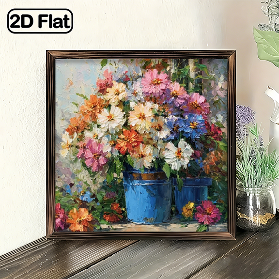 2D Flat, 8x8 Inch d Decor Plaque, Vibrant Floral Bouquet Painting Wall Art, Impressionistic Flower Pot Decor for Living Room Bedroom Office Nursery, Perfect Gift for Wo