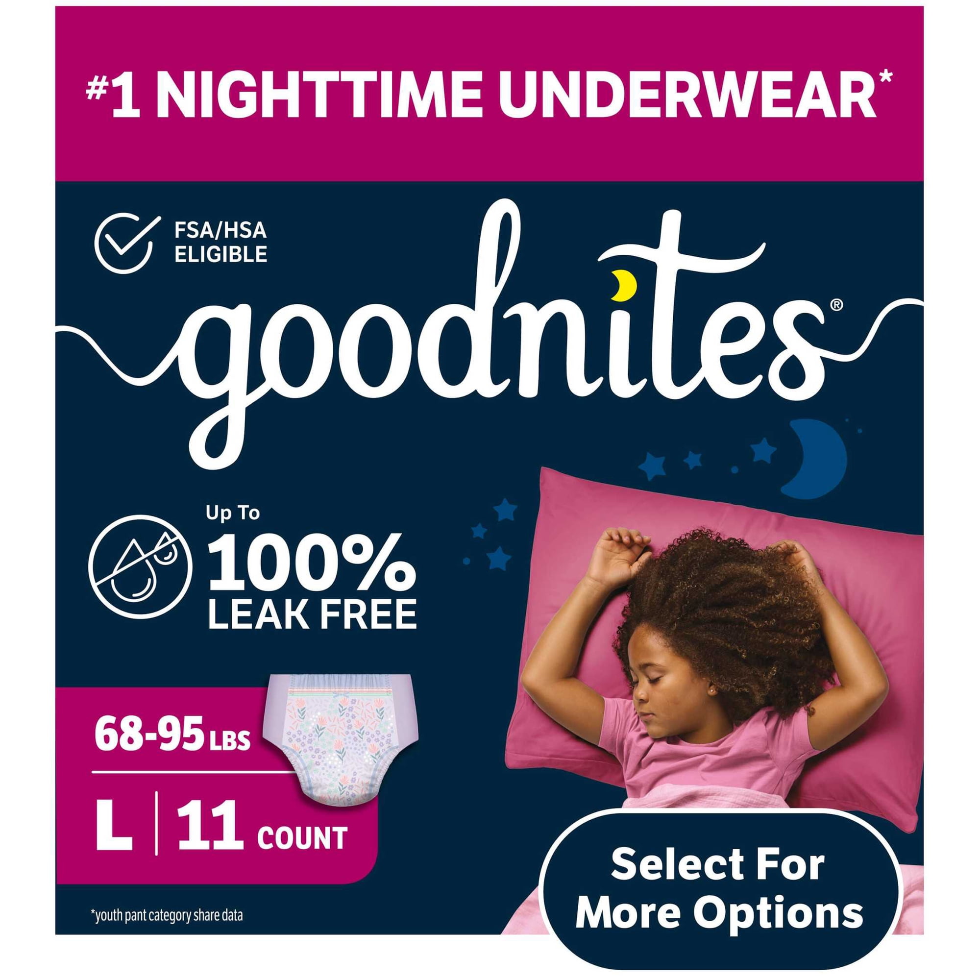 Goodnites Girls Absorbent Disposable Nighttime Bedwetting Underwear, L, 11 Count