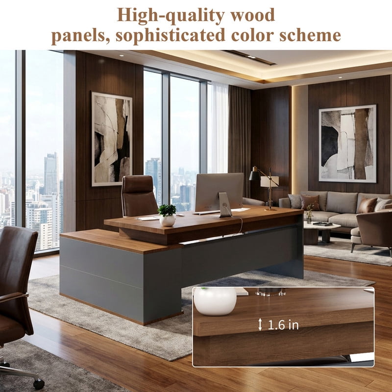 78.7" L Shaped Executive Desk Reversible Return with File Cabinet Drawers, Extra Large Modern Executive Desk Privacy Panel Workstation for Boss Managers Office Home,Walnut