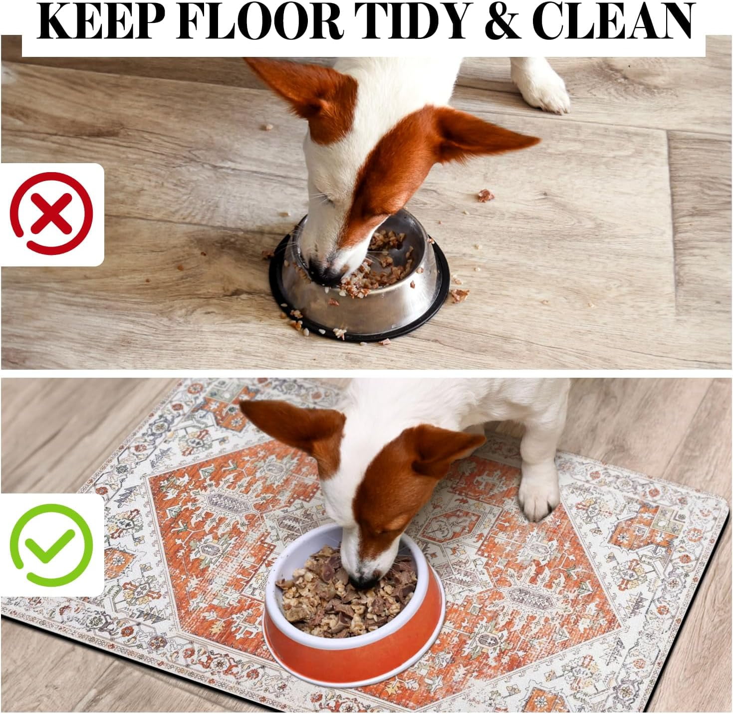Absorbent Non-Slip Pet Feeding Mat with Elevated Ceramic Cat Bowls, 15° Tilted Bamboo Stand, Quick-Dry Mat for Cats & Small Dogs
