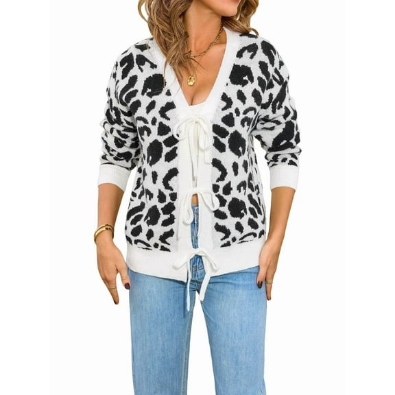 Women Leopard Print Bow- Tie Cardigan Long Sleeve Crewneck Open Front Knit Cardigan Casual Loose Outwear White S