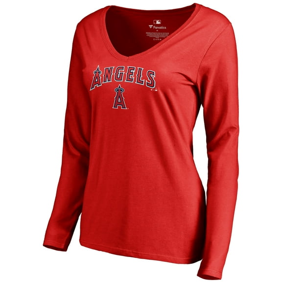 Women's Red Los Angeles Angels Team Lockup Slim Fit Long Sleeve V-Neck T-Shirt