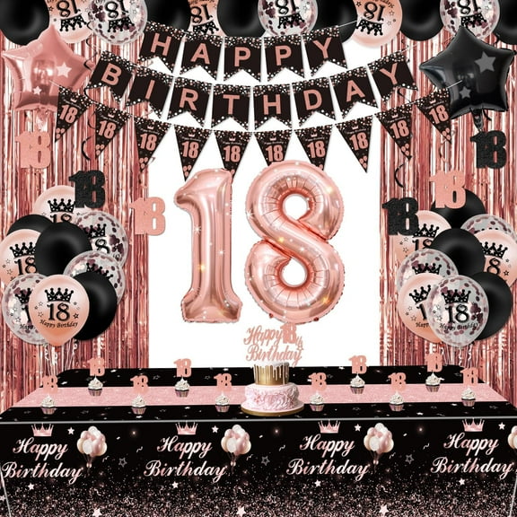 18th Black and Rose Gold Party Decorations - Happy Birthday Banner, Pennant, Birthday Balloons, Fringe Curtains, Tablecloth, Cake Topper, Hanging Swirls 18th Birthday Decorations for Girls Princess
