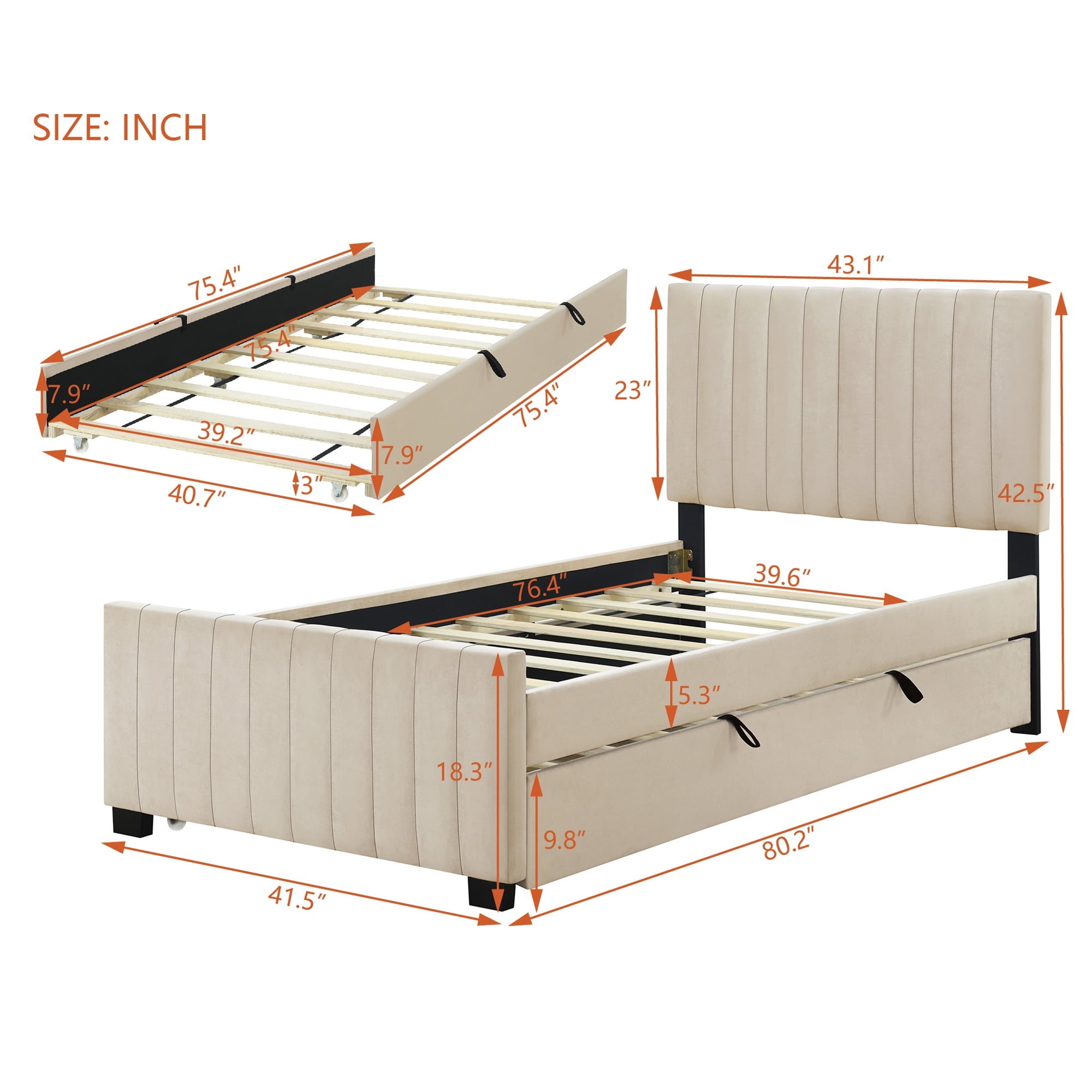Aukfa Twin Size Upholstered Platform Bed Frame with Twin Size Trundle for Bedroom,Guestroom, Beige
