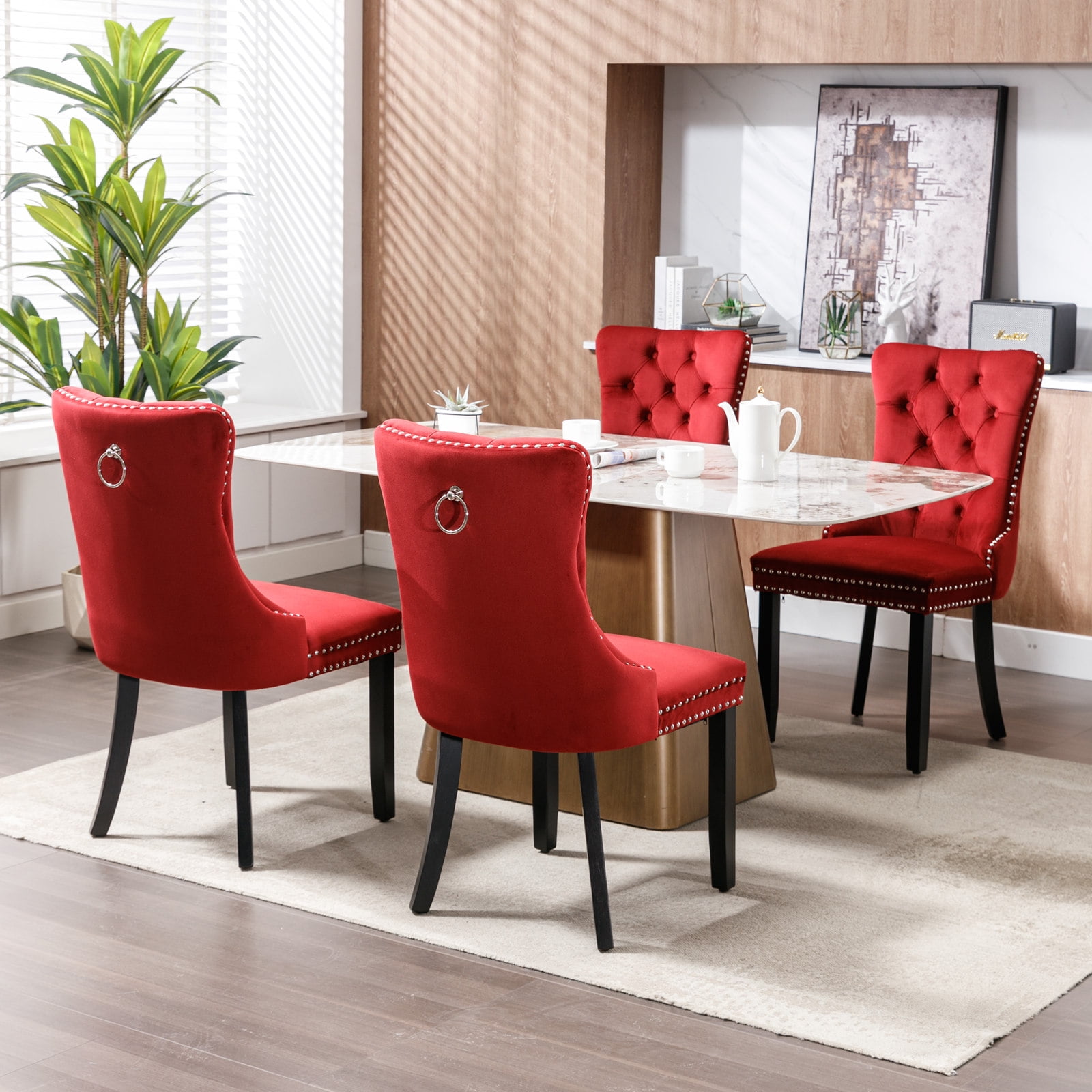 Aukfa High-End Upholstered Dining Chairs Set of 2, Modern Tufted Solid Wood Side Chair with Nailhead Trim - Red