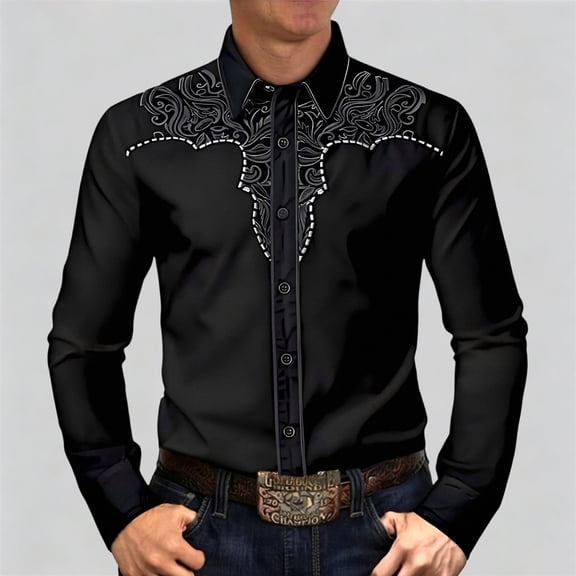 BUWTTED Men's Shirts Western Cowboy Vintage Retro Embroidered Print Long Sleeve Slim Fit Casual Button Down Spring Work Black Shirt L