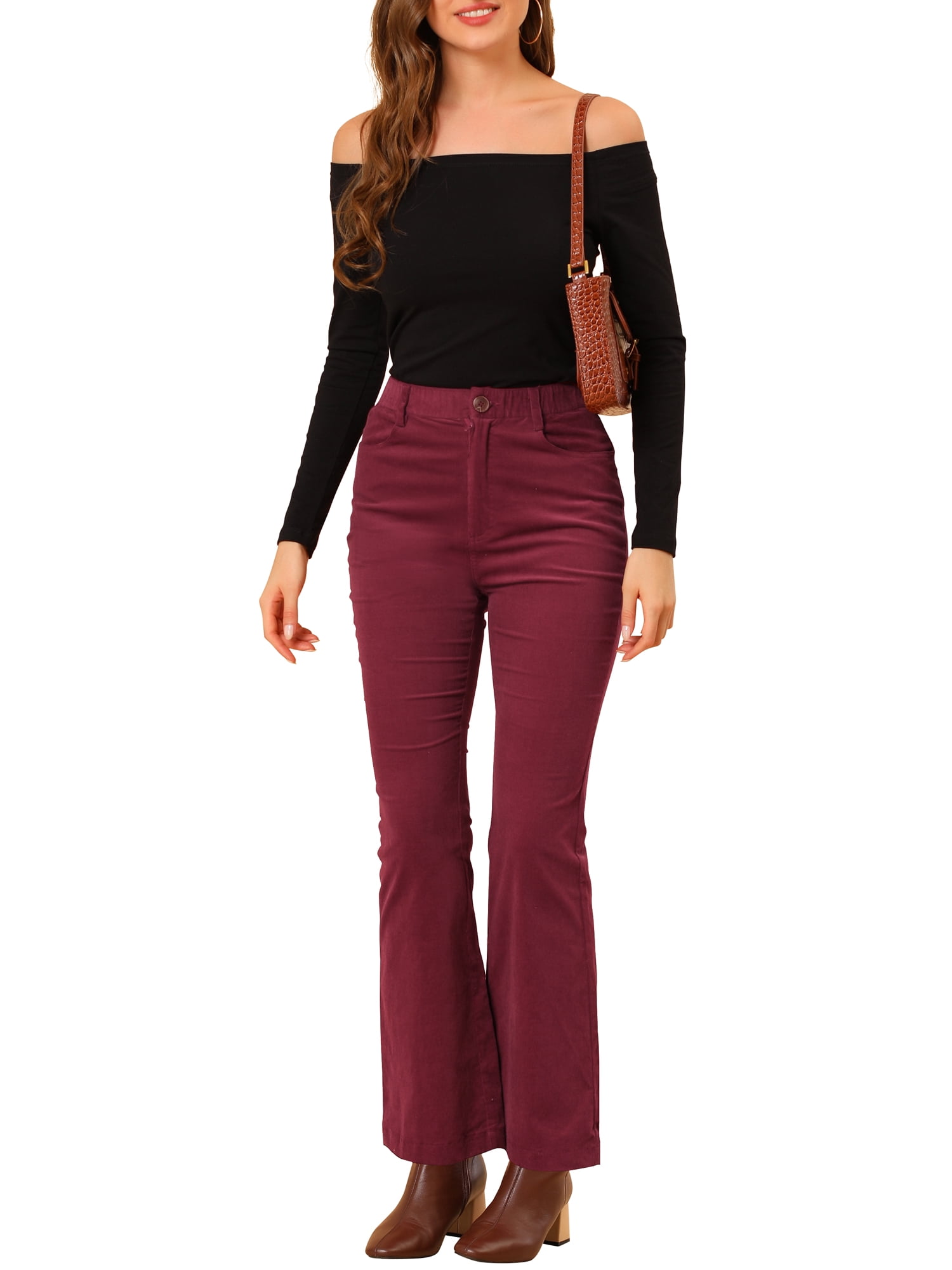 Unique Bargains Women's Corduroy Flare Pants Elastic High Waist Bell Bottom Trousers XS Burgundy