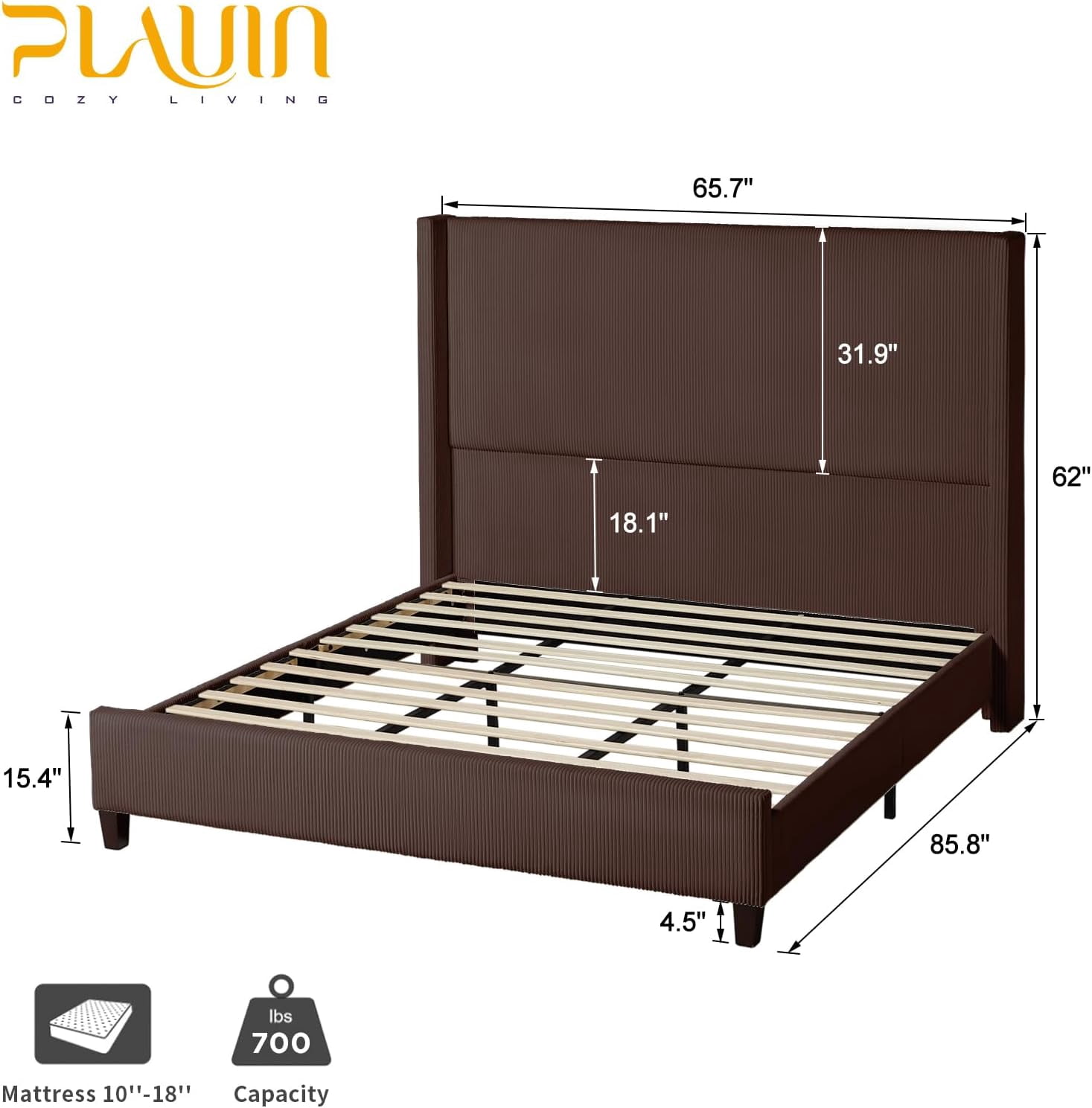 VanAcc Queen Size Platform Bed Frame with 62" Headboard Corduroy Upholstered Bed/Wingback/No Box Spring Needed/Noise Free/Brown