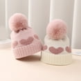 thumbnail image 3 of Winter Children Hat Heart Print Color Matching Plush Ball Decor Soft Thick Knitted Elastic Anti-slip Ear Protection Warm Windproof Unisex Beanie, 3 of 8